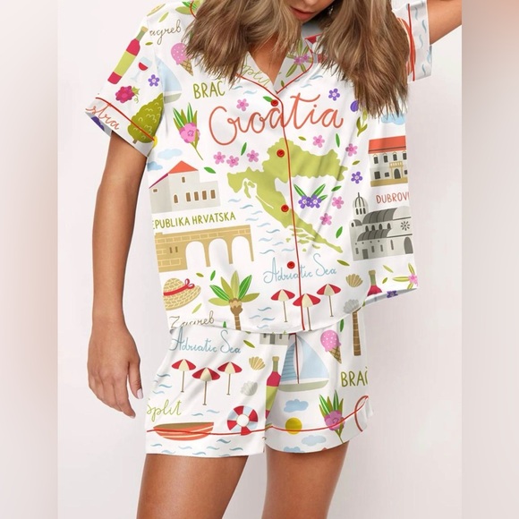 Sheshow Other - Women’s Croatia-Themed White Satin Pajama Set size small
